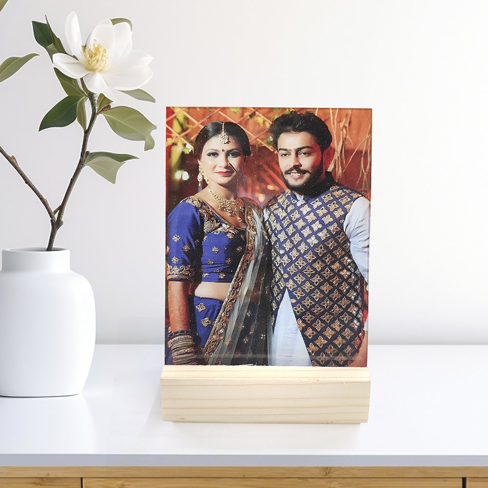 Acrylic Photo With Wooden Stand Personalized with 8 X 10 inch vertical or horizontal photos | Non-breakable | With Wooden Stand