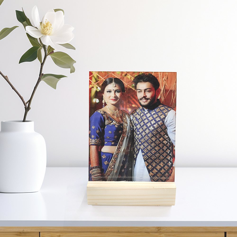 Acrylic Photo with Wooden Stand Personalized with 6 X 8 inch vertical or horizontal photos | Non-breakable | With Wooden Stand