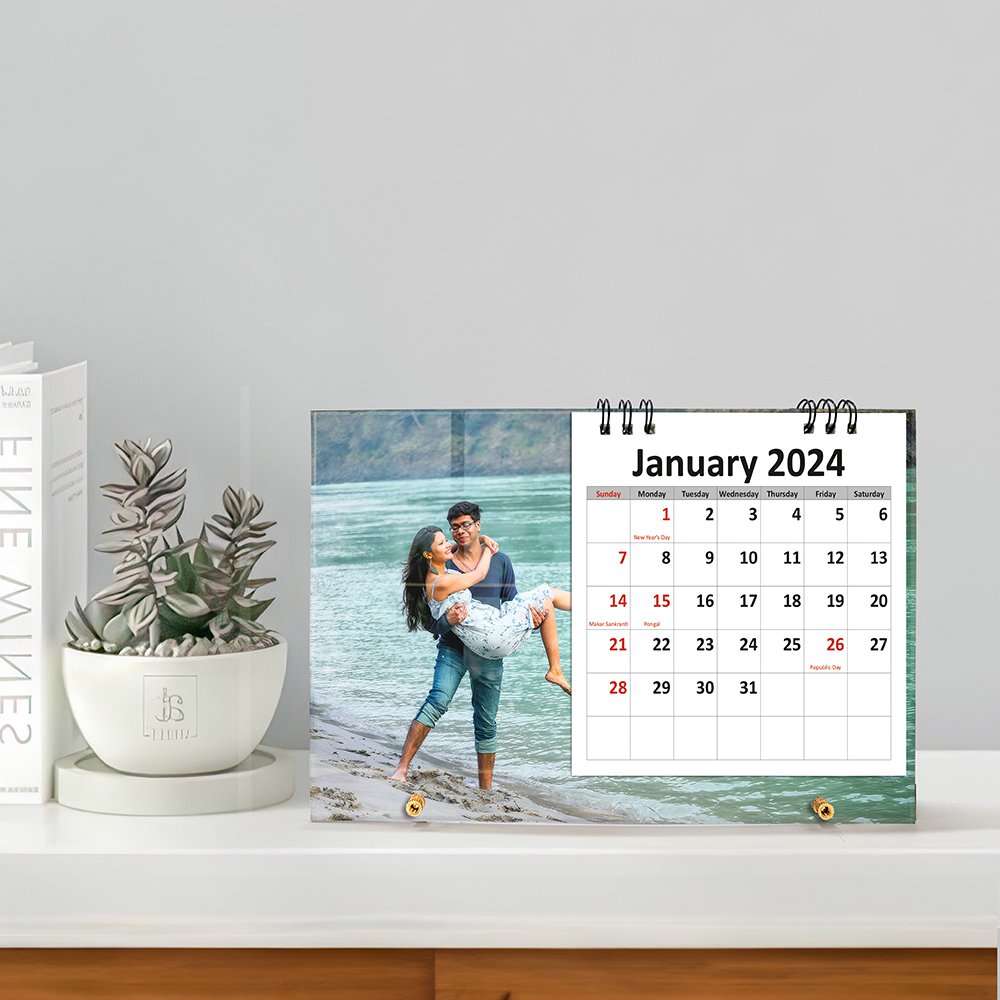 Personalized Table Top Acrylic Photo Calendar | Wiro Bound | Sizes - 6 X 8, 8X8, 8 X 10 inches | Horizontal Square & Vertical | Flexible Stand